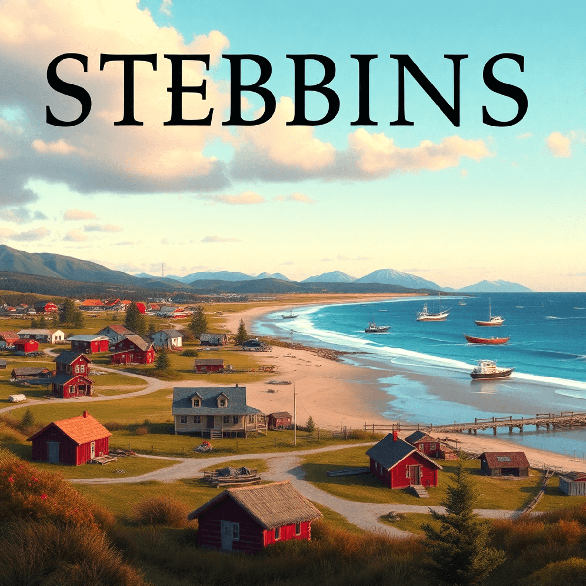 A picturesque Alaskan coastal village with a serene beach, fishing boats, and natural landscapes, reflecting community life and traditional cultura...
