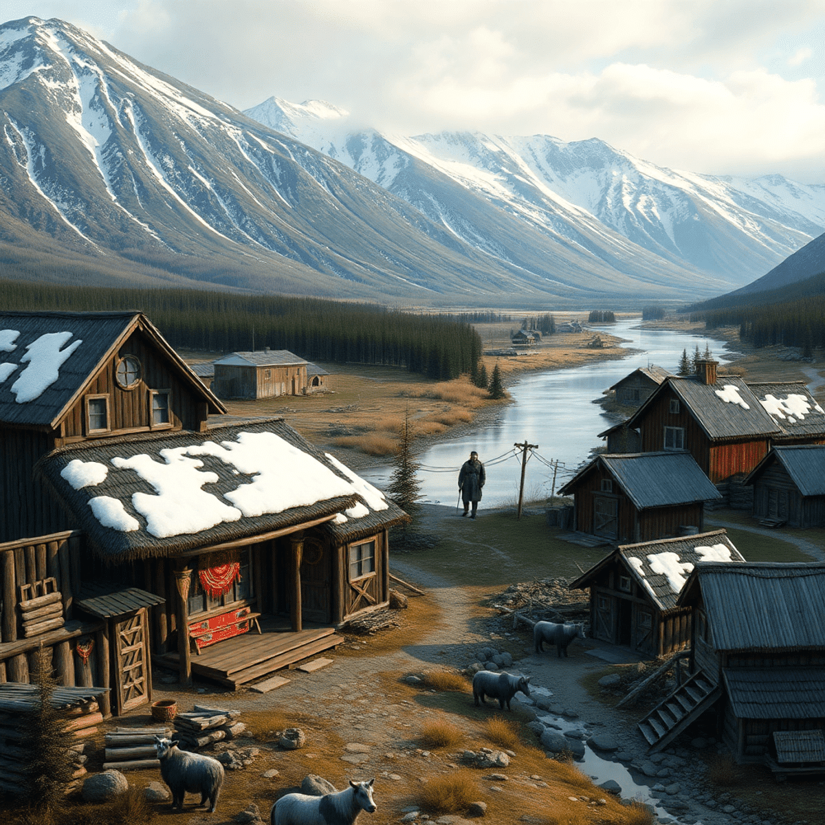 A picturesque view of a cozy village in Alaska, featuring snowy mountains, a serene river, and traditional Yup'ik cultural motifs, highlighting nat...