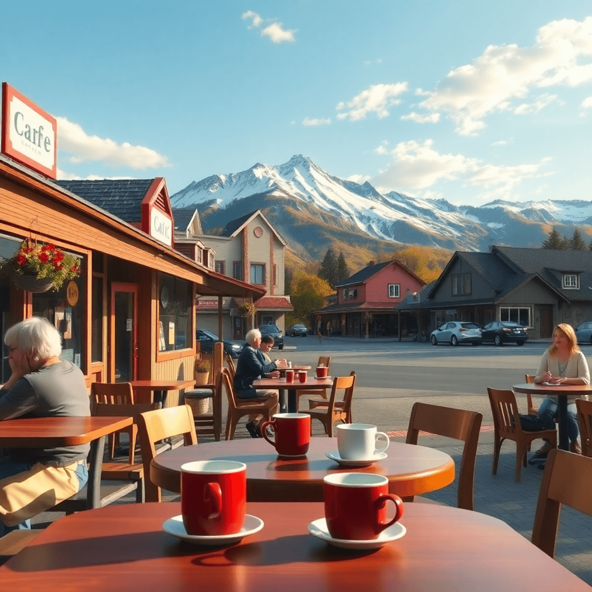 A cozy café in Alaska surrounded by mountains, featuring coffee cups on tables, inviting atmosphere, and a picturesque view that captures community...