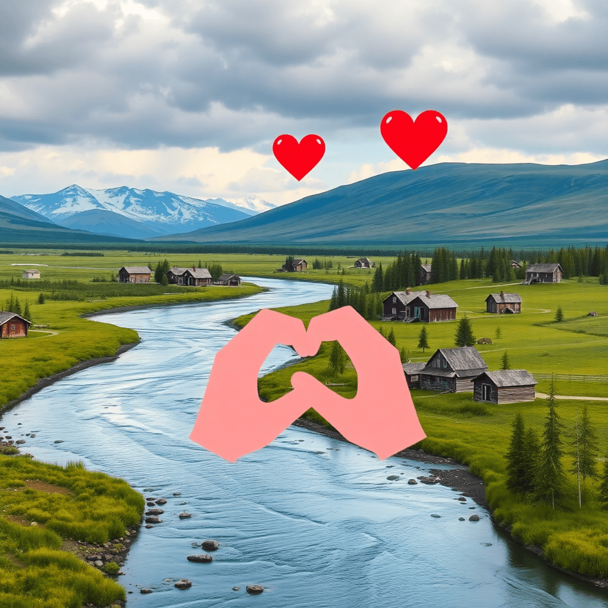 A scenic view of the Kuskokwim River with a small village, featuring wooden cabins and natural landscapes, subtly incorporating hearts and intertwi...