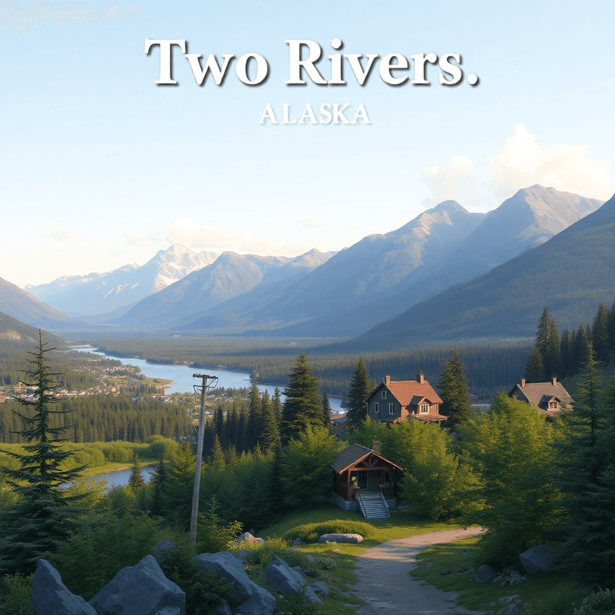 A scenic view of Two Rivers, Alaska, featuring mountains, lush greenery, a hiking trail, and a cozy gathering spot, embodying adventure and communi...