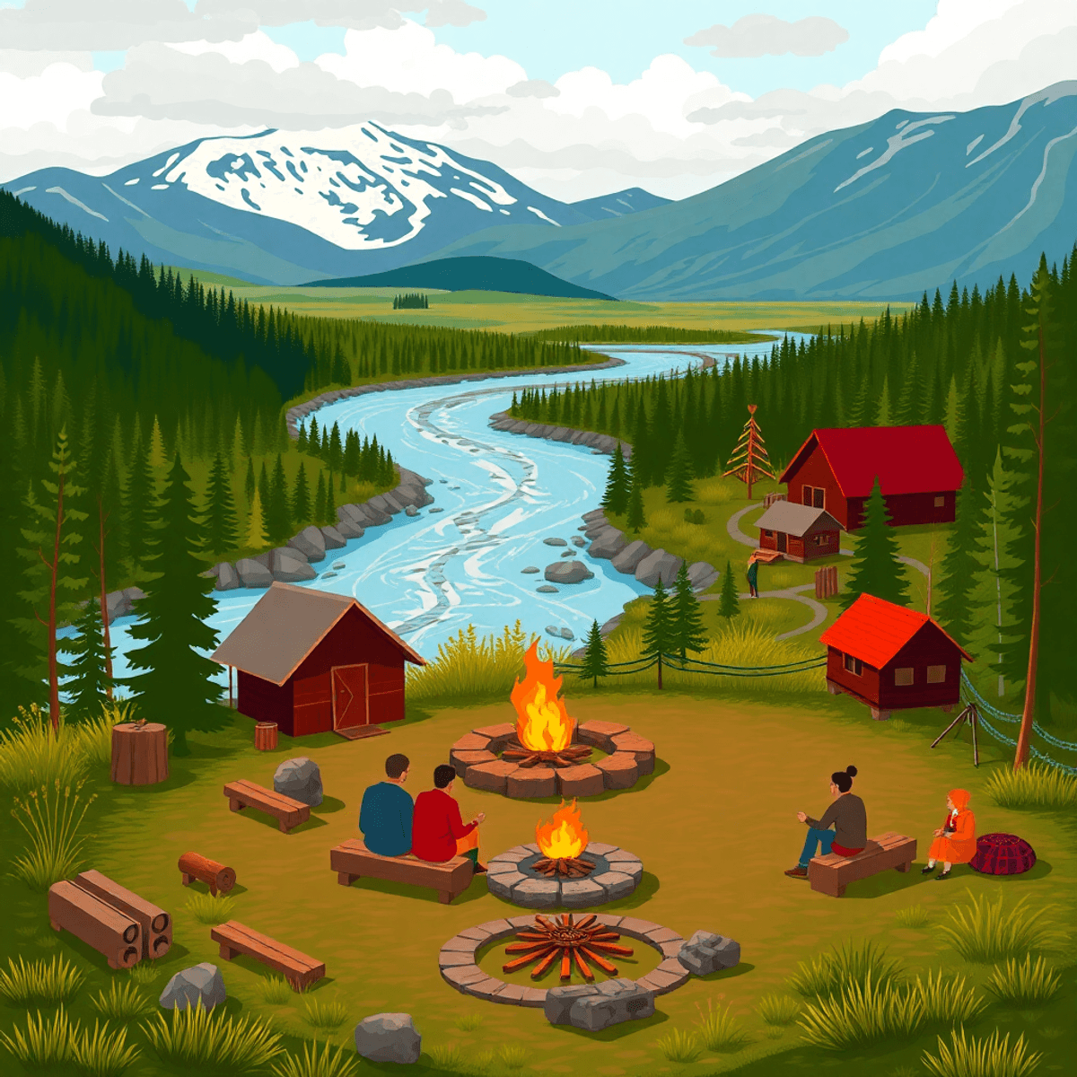 A vibrant scenic view of Fort Yukon, Alaska, where the Yukon and Porcupine Rivers meet, featuring a cozy campfire gathering and cultural symbols in...