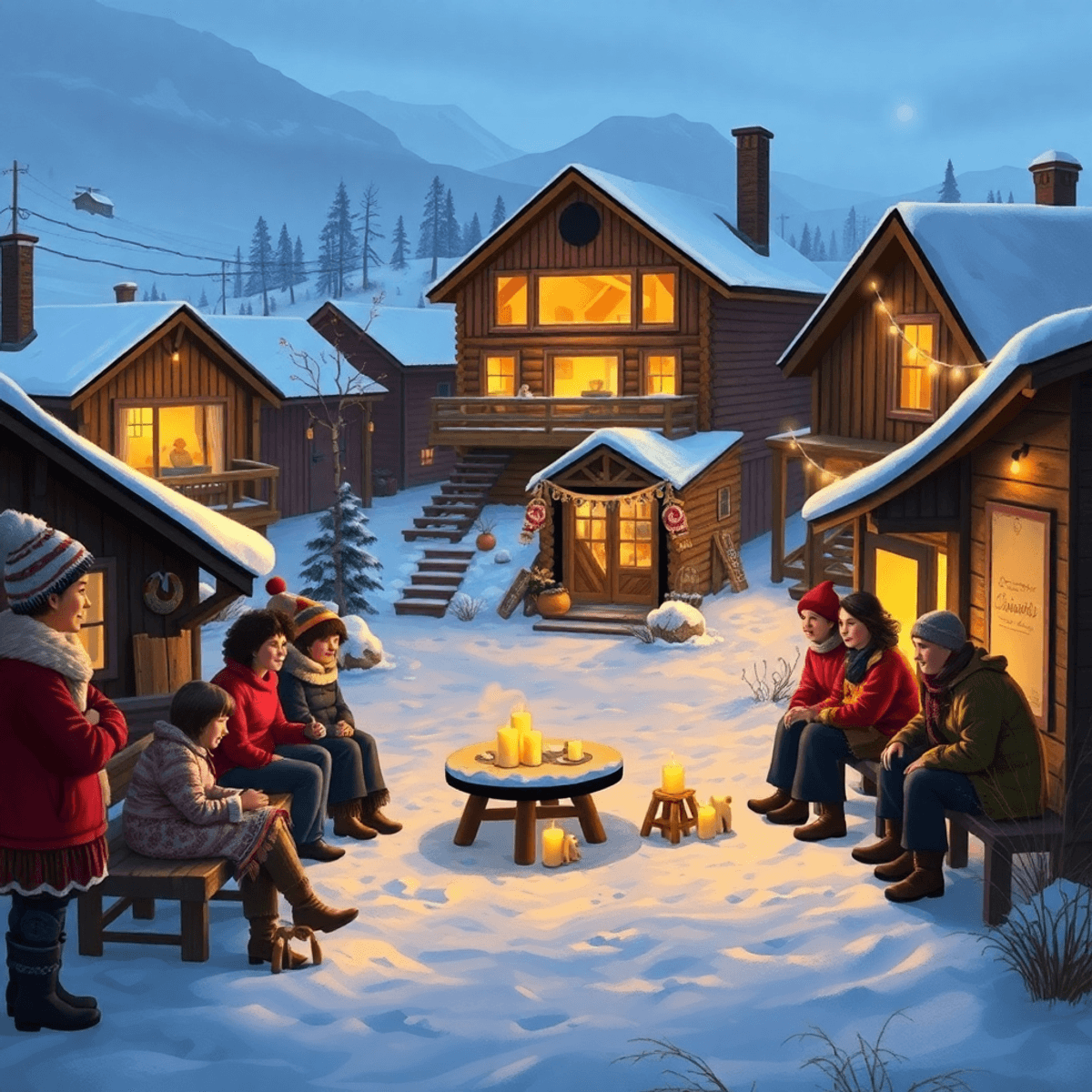 A cozy Arctic town scene in Buckland, Alaska, featuring a community gathering with traditional Iñupiat symbols, snowy landscapes, and warm lights f...