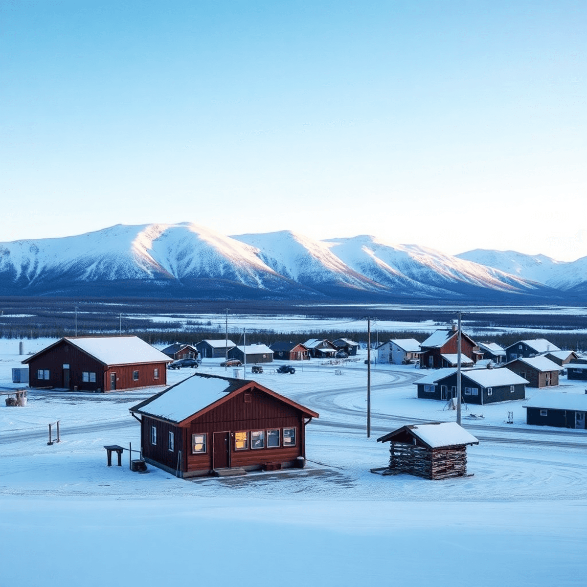 A picturesque view of Pilot Station, Alaska, featuring snow-covered landscapes, traditional cultural elements, intertwined hearts, and a digital de...