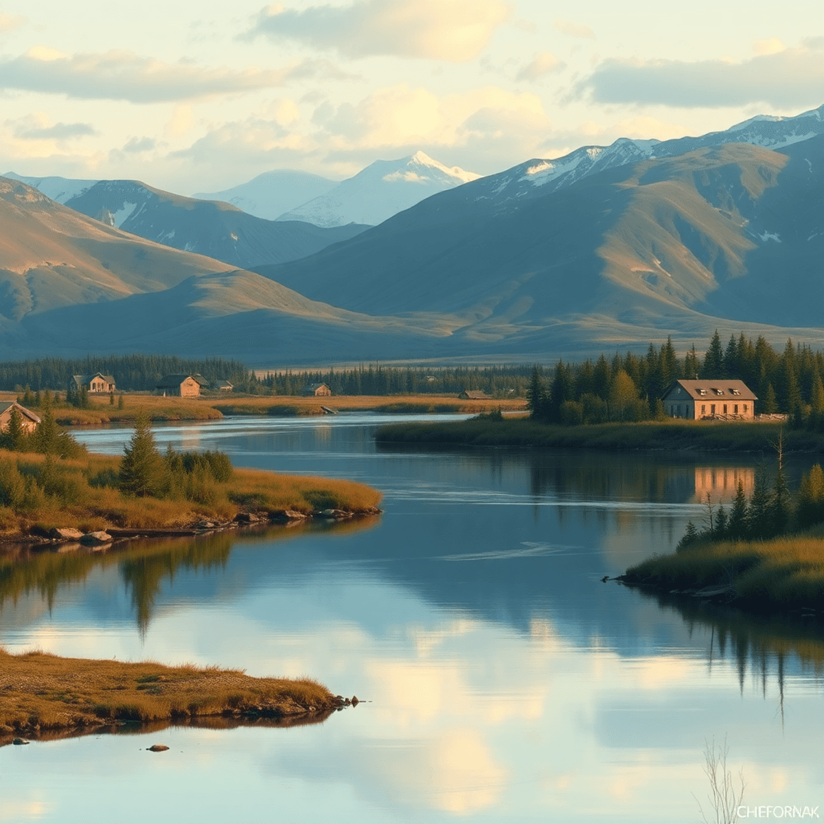 A tranquil landscape of Chefornak, Alaska, featuring the Yukon-Kuskokwim Delta, with subtle traditional Yup'ik patterns integrated into the scenery...