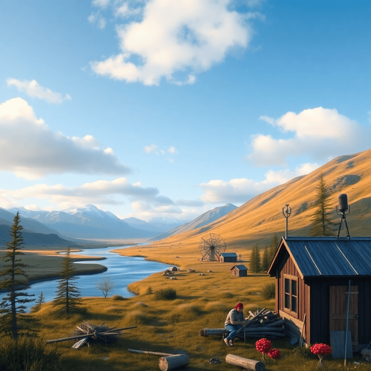 A serene rural landscape in Alaska with mountains and rivers, featuring fishing gear, berries, and traditional cultural elements, evoking warmth an...