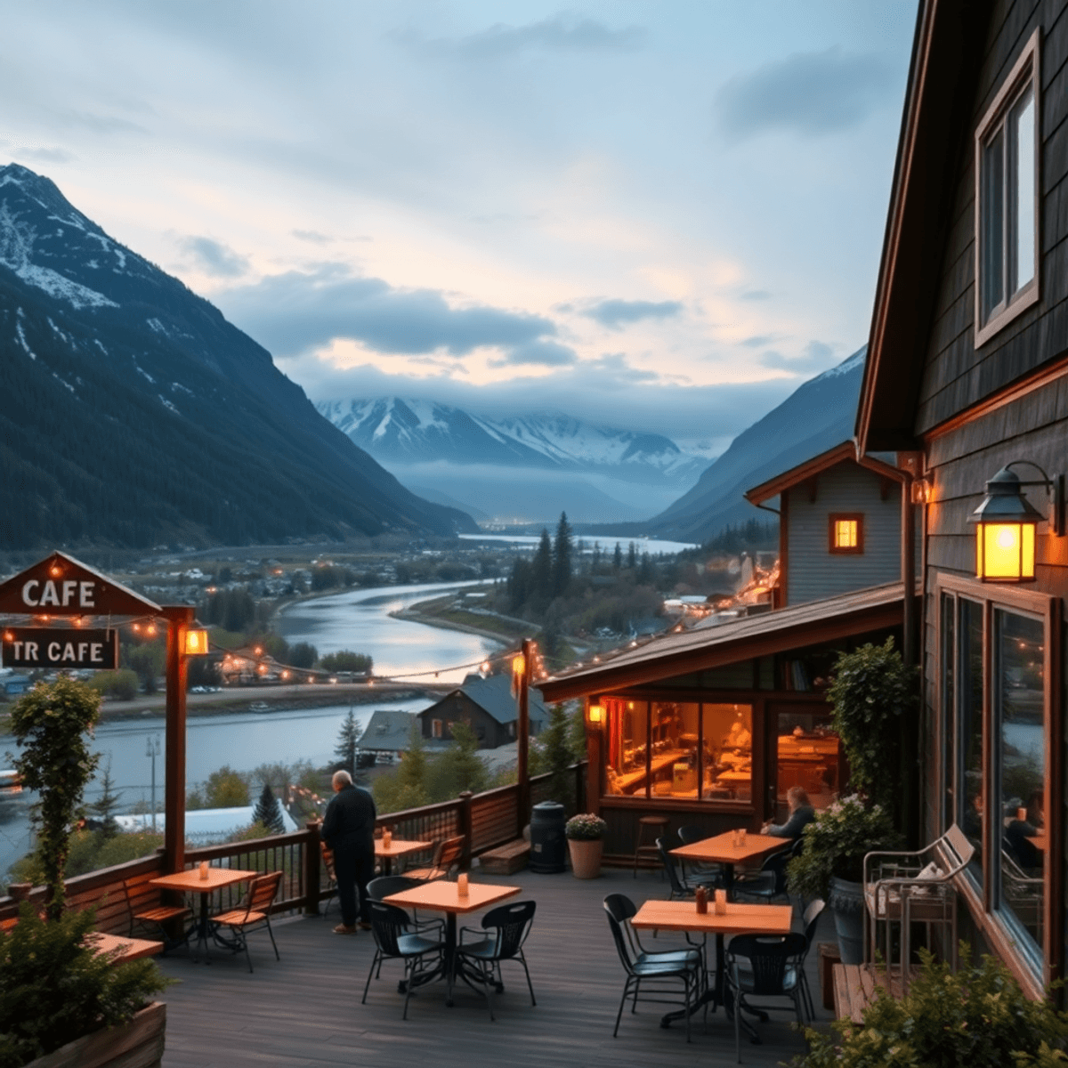 A cozy café in a small Alaskan town, surrounded by mountains and rivers, features inviting outdoor seating and warm lighting, creating a relaxed co...