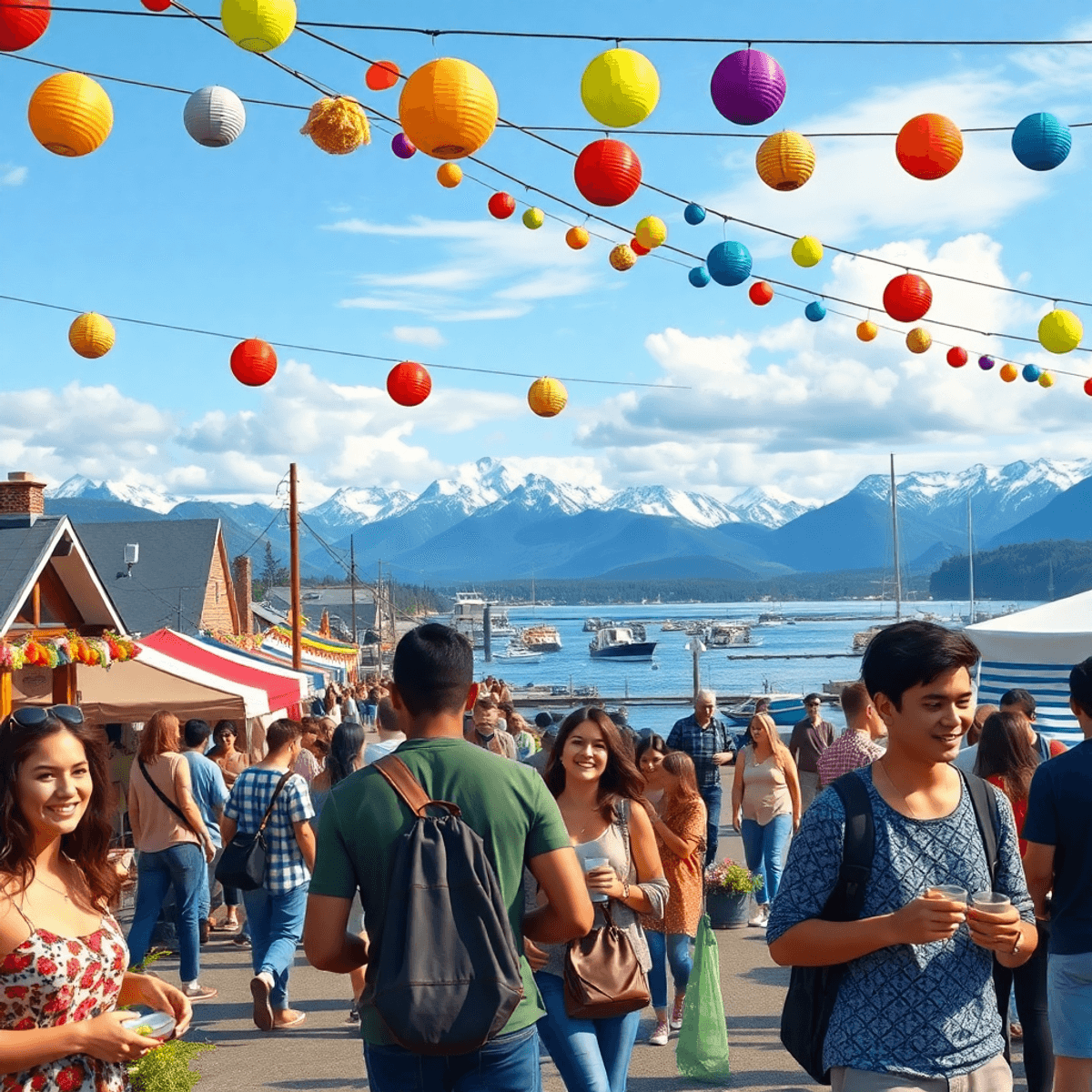 A vibrant coastal festival in Mill Bay, Alaska, with colorful decorations, people engaging in outdoor activities, and stunning mountains and water ...