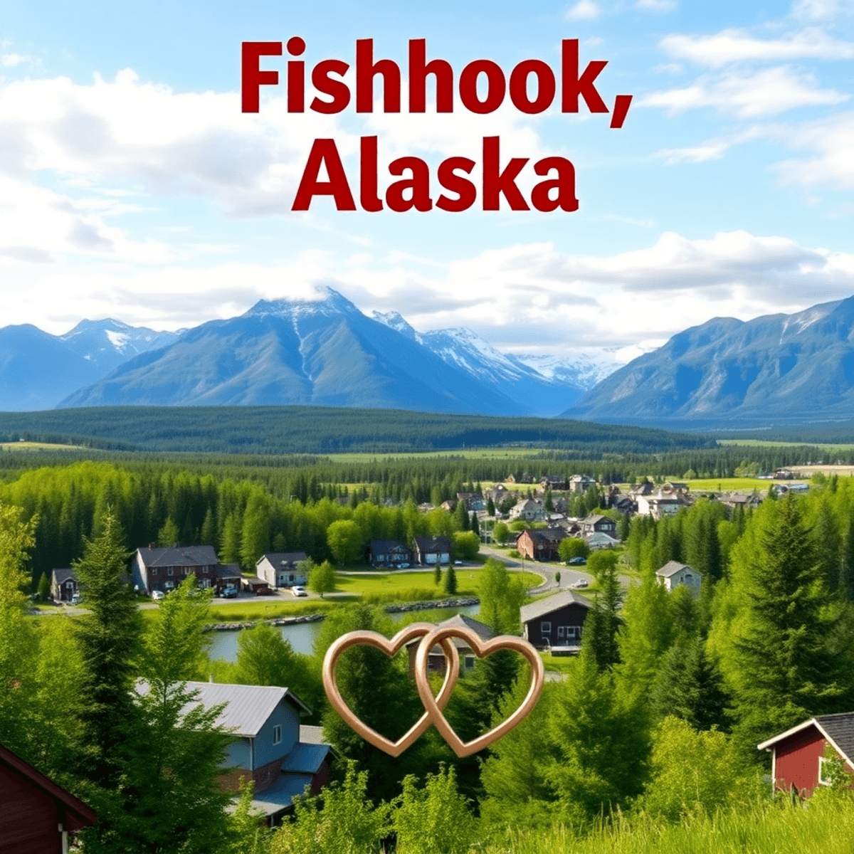 A scenic view of Fishhook, Alaska, showcasing mountains and greenery, with heart shapes and intertwined rings in the foreground symbolizing connect...