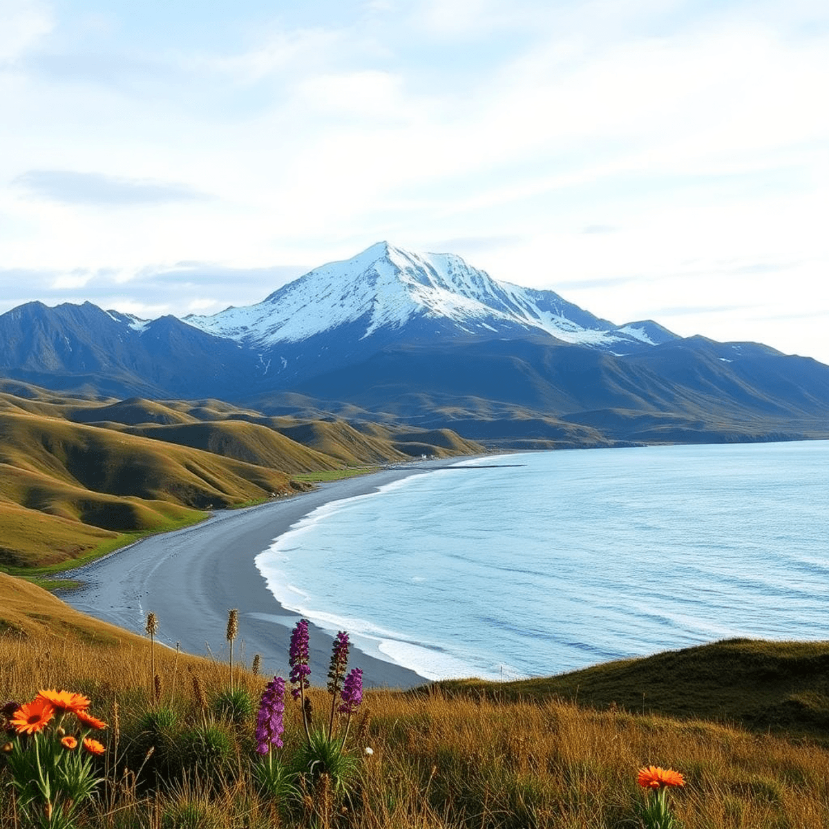 A scenic view of Unalaska's rugged landscape with Mount Makushin in the background, a serene beach along the Bering Sea, and arctic wildflowers in ...