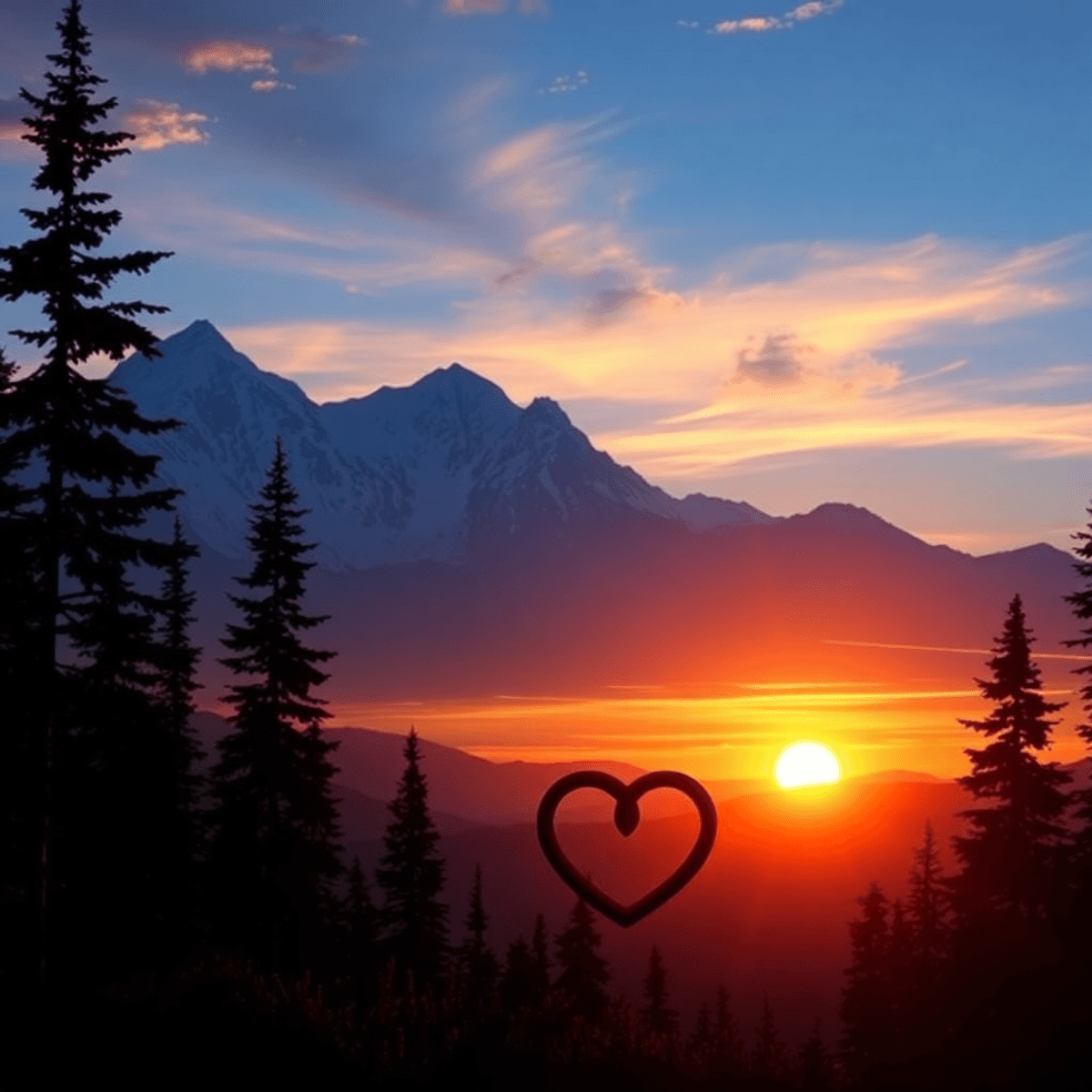 A stunning Alaskan sunset over silhouetted mountains and trees, with intertwined hearts in the foreground symbolizing connection and romance in nat...