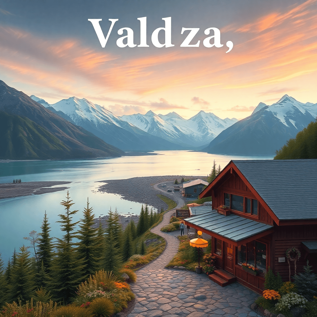 A stunning view of Valdez, Alaska, showcasing the Chugach Mountains and Prince William Sound, with a hiking trail, cozy coffee shop, and hints of k...