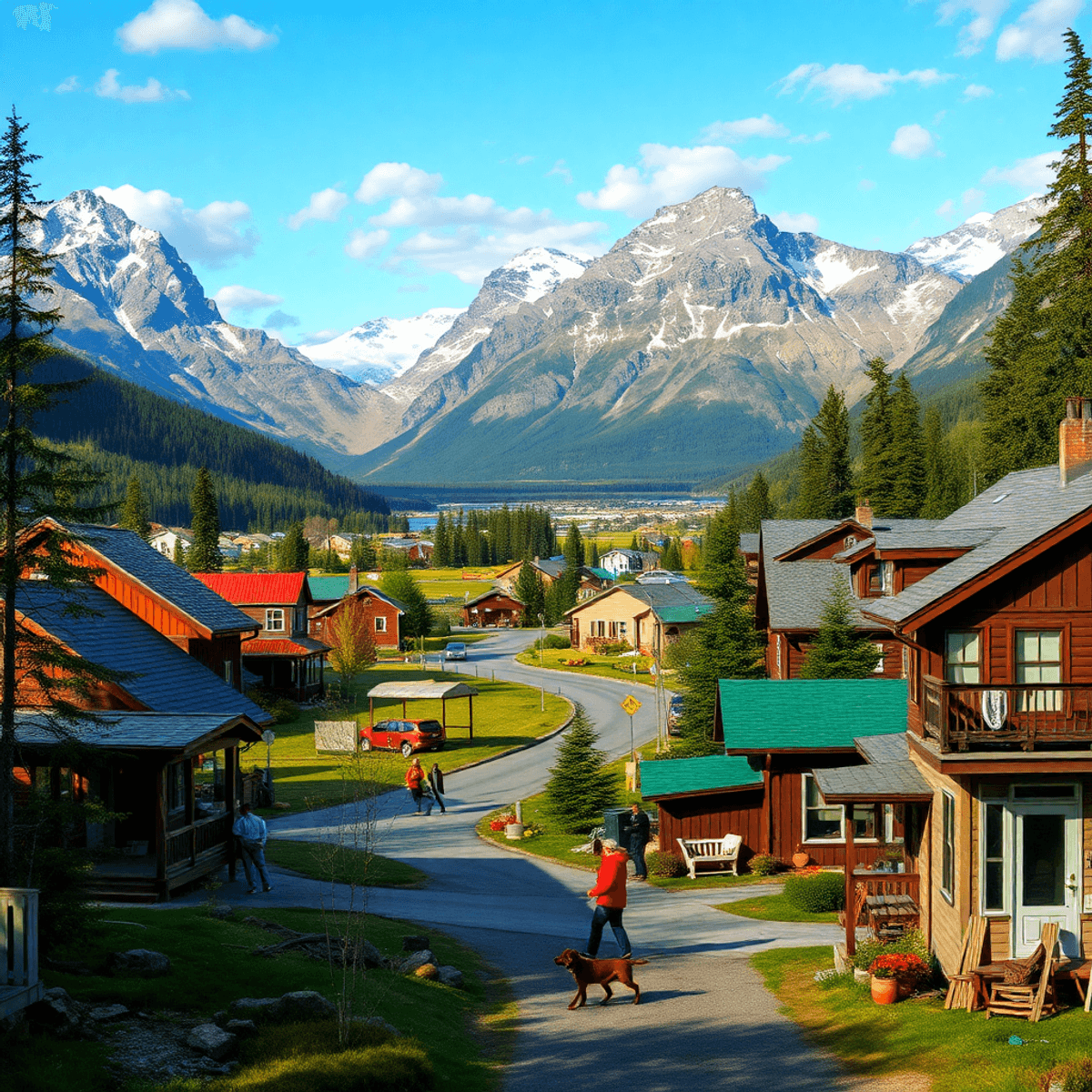 A scenic small Alaskan town with rustic homes surrounded by nature, showcasing outdoor activities like hiking and fishing, evoking connection and a...