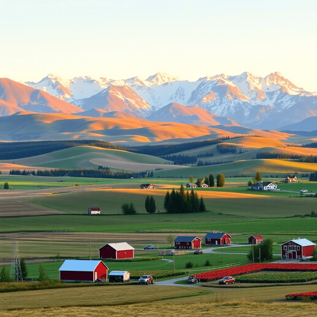 A scenic view of rolling fields and local farms in Farm Loop, Alaska, with the Chugach Mountains in the background, featuring a reindeer farm and v...