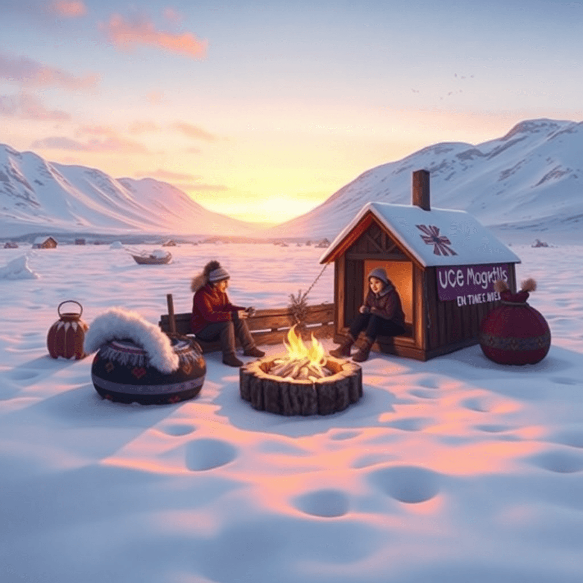 A picturesque winter landscape in Utqiagvik, Alaska, featuring a snow-covered ground, clear sky, and a cozy gathering spot adorned with traditional...