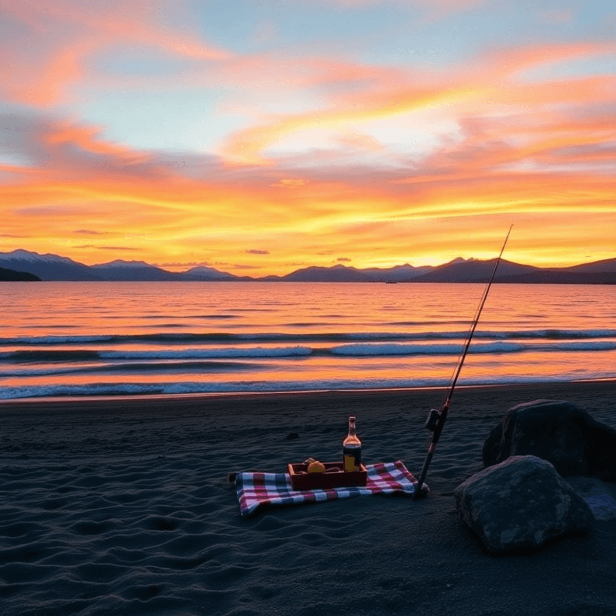A stunning sunset over Kachemak Bay, with a serene beach, gentle waves, and a cozy picnic setup on the sand, evoking romance and adventure.