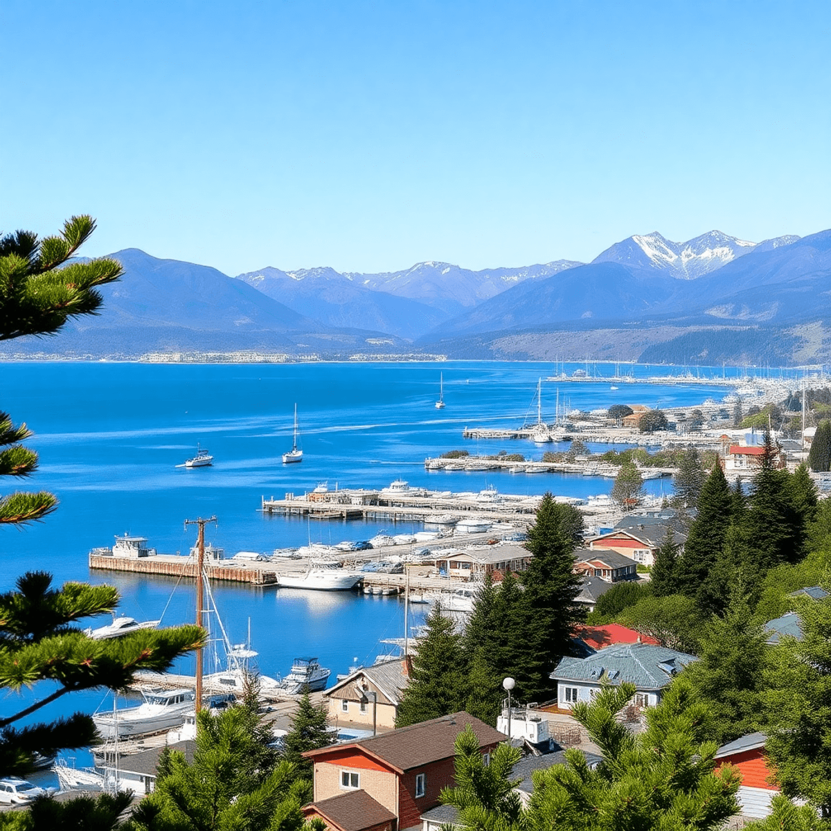 A scenic view of Kodiak, Alaska, showcasing a picturesque coastline with fishing boats in the harbor, mountains in the background, and clear blue s...