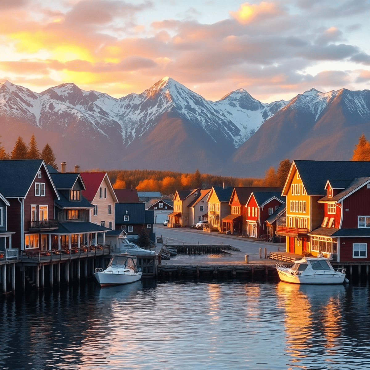 A scenic view of Petersburg, Alaska, featuring traditional Norwegian architecture, majestic mountains, and serene waters at sunset, capturing a rom...