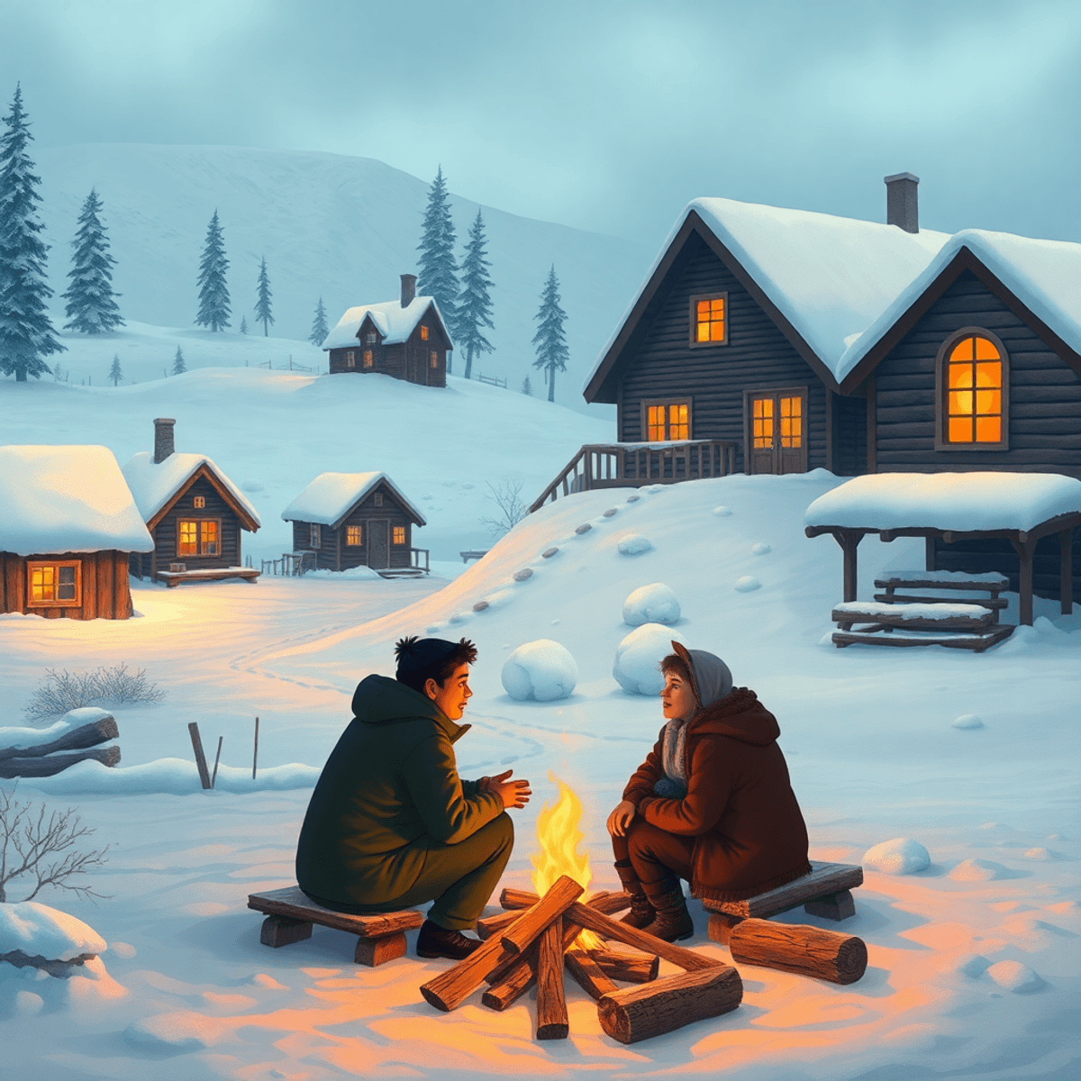A snowy Alaskan village scene with traditional wooden homes bathed in warm light, featuring a small group of people gathered around a bonfire, high...