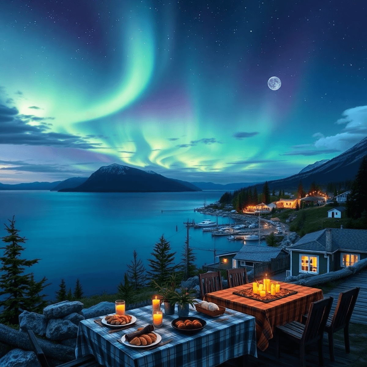 A scenic view of Unalakleet, Alaska, with the coastline of Norton Sound and vibrant northern lights, featuring a traditional salmon bake setup that...