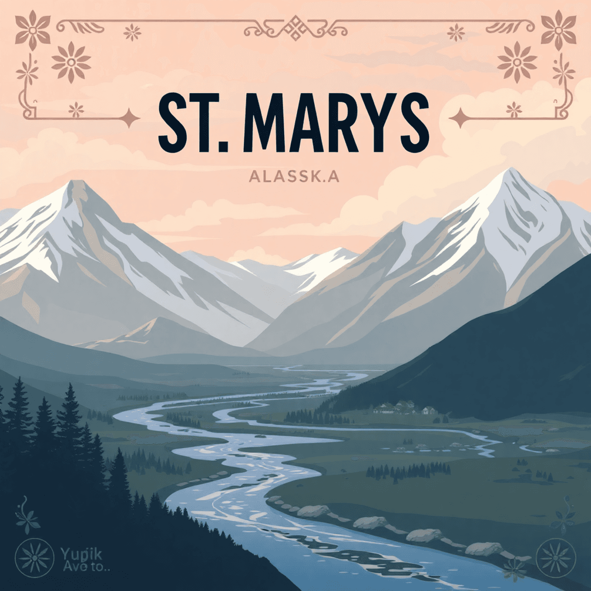 A scenic view of St. Mary's, Alaska, featuring mountains and rivers, with traditional Yup'ik motifs in the background, conveying warmth and communi...