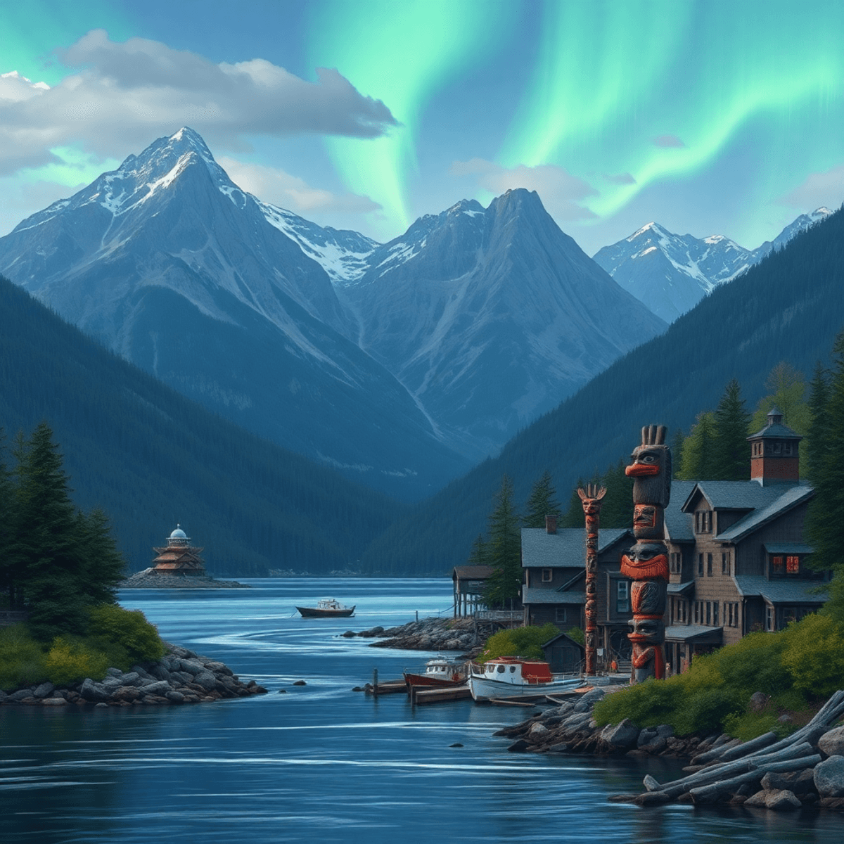 A stunning coastal landscape in Hoonah, Alaska, showcasing mountains, lush greenery, totem poles, and the northern lights, evoking romance and adve...