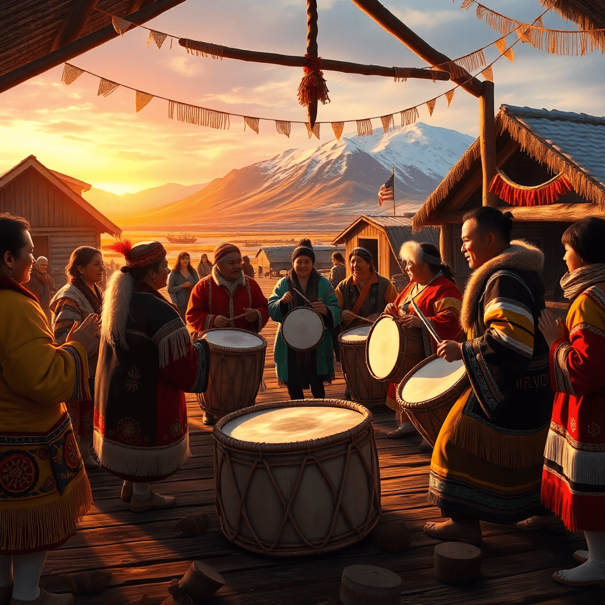 A vibrant drumming ceremony in a small Alaskan village, with participants dancing and playing walrus-skin drums against a stunning natural landscap...