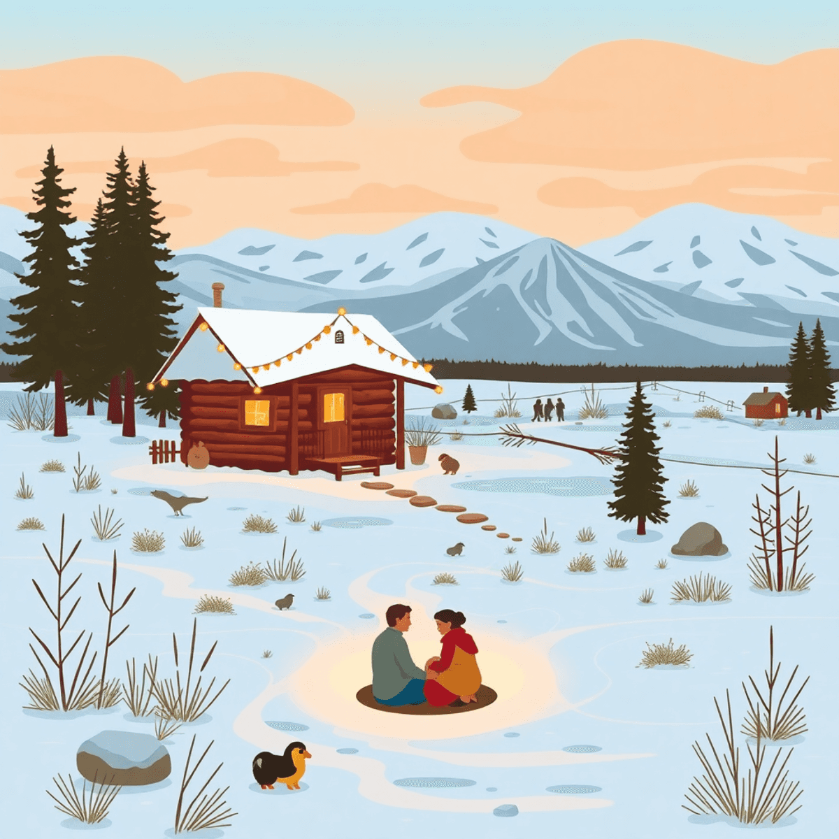 A scenic view of Kwethluk, Alaska, showcasing a cozy cabin amidst the Yukon-Kuskokwim Delta landscape, with traditional symbols that evoke communit...