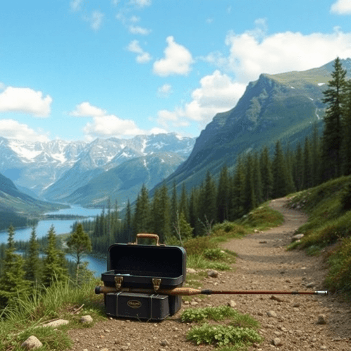 A scenic Alaskan wilderness view with a hiking trail, majestic mountains, lush greenery, and a fishing rod near a tranquil river, evoking adventure...