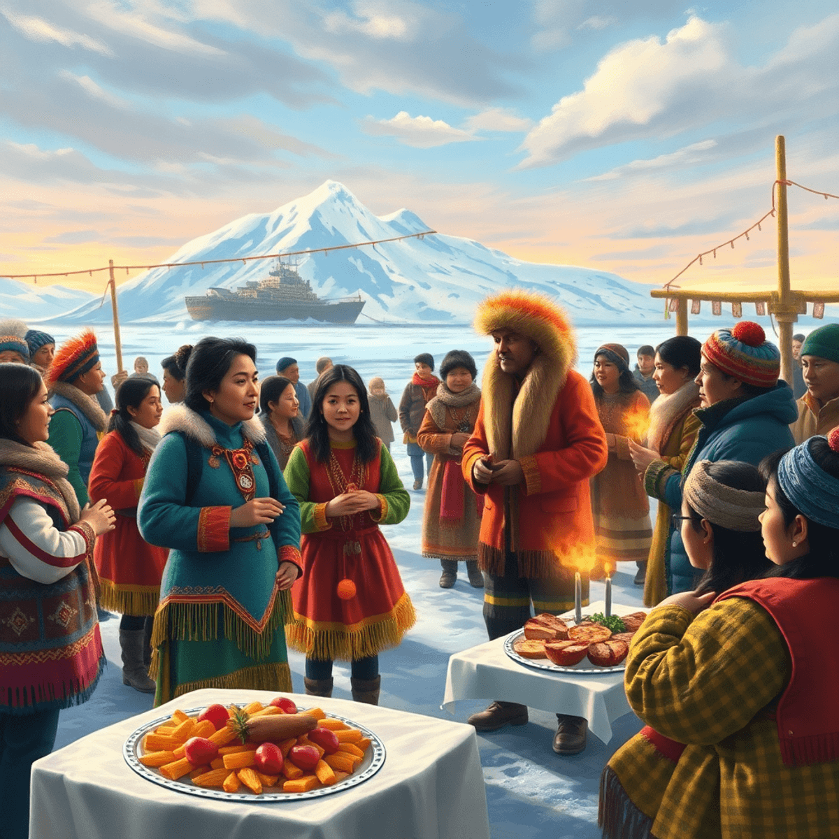 A lively whaling festival in Point Hope, Alaska, with people engaged in traditional dances and feasting, set against a stunning Arctic backdrop, ce...