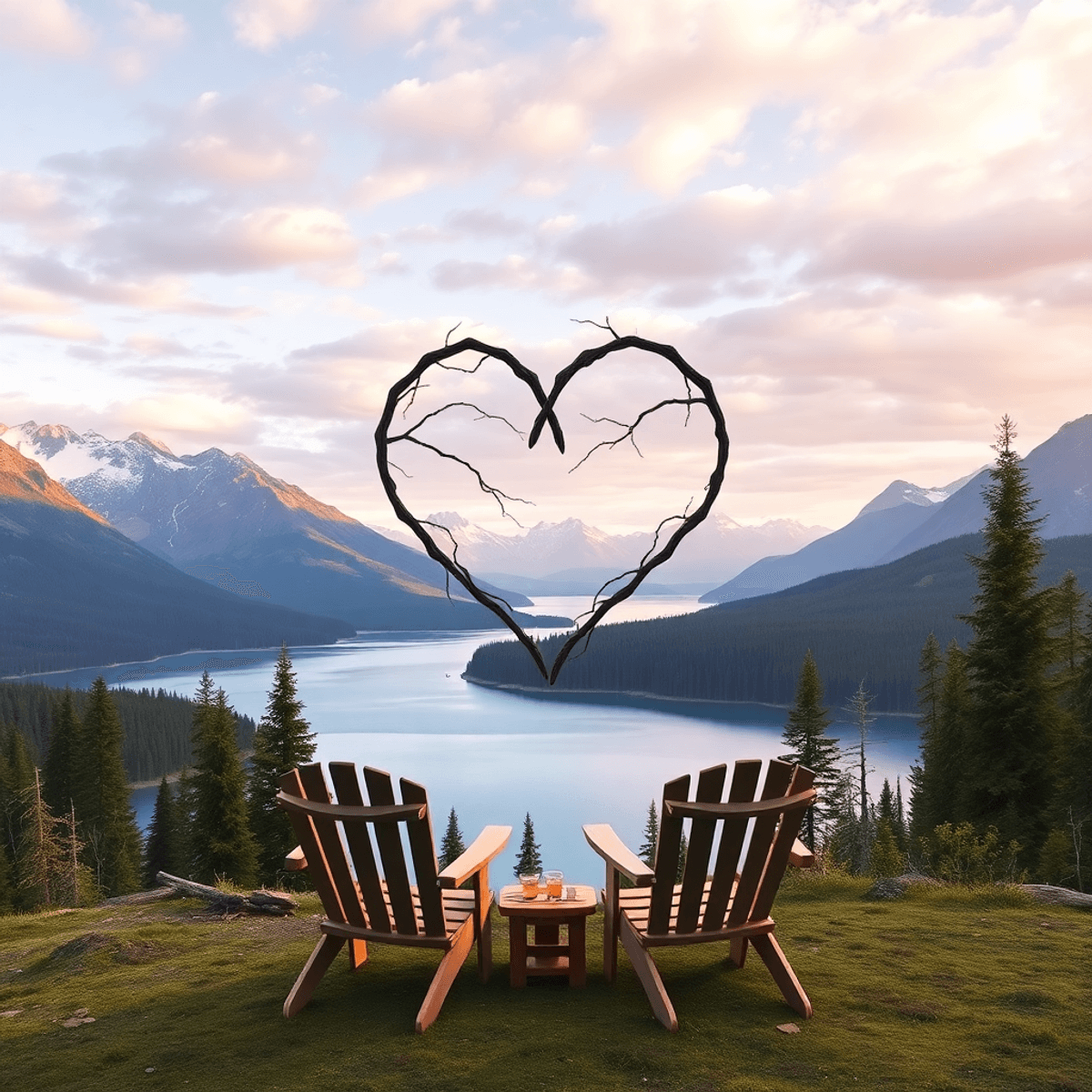 A picturesque view of North Lakes, Alaska, featuring mountains and forests, with a heart shape of intertwined branches and a cozy picnic setup by t...