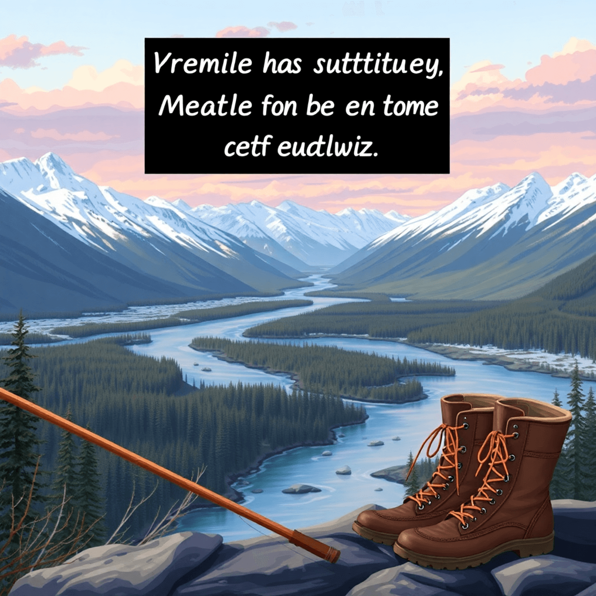 A scenic view of snow-capped mountains and a tranquil river, with a fishing rod and hiking boots in the foreground, capturing the beauty of Alaska'...