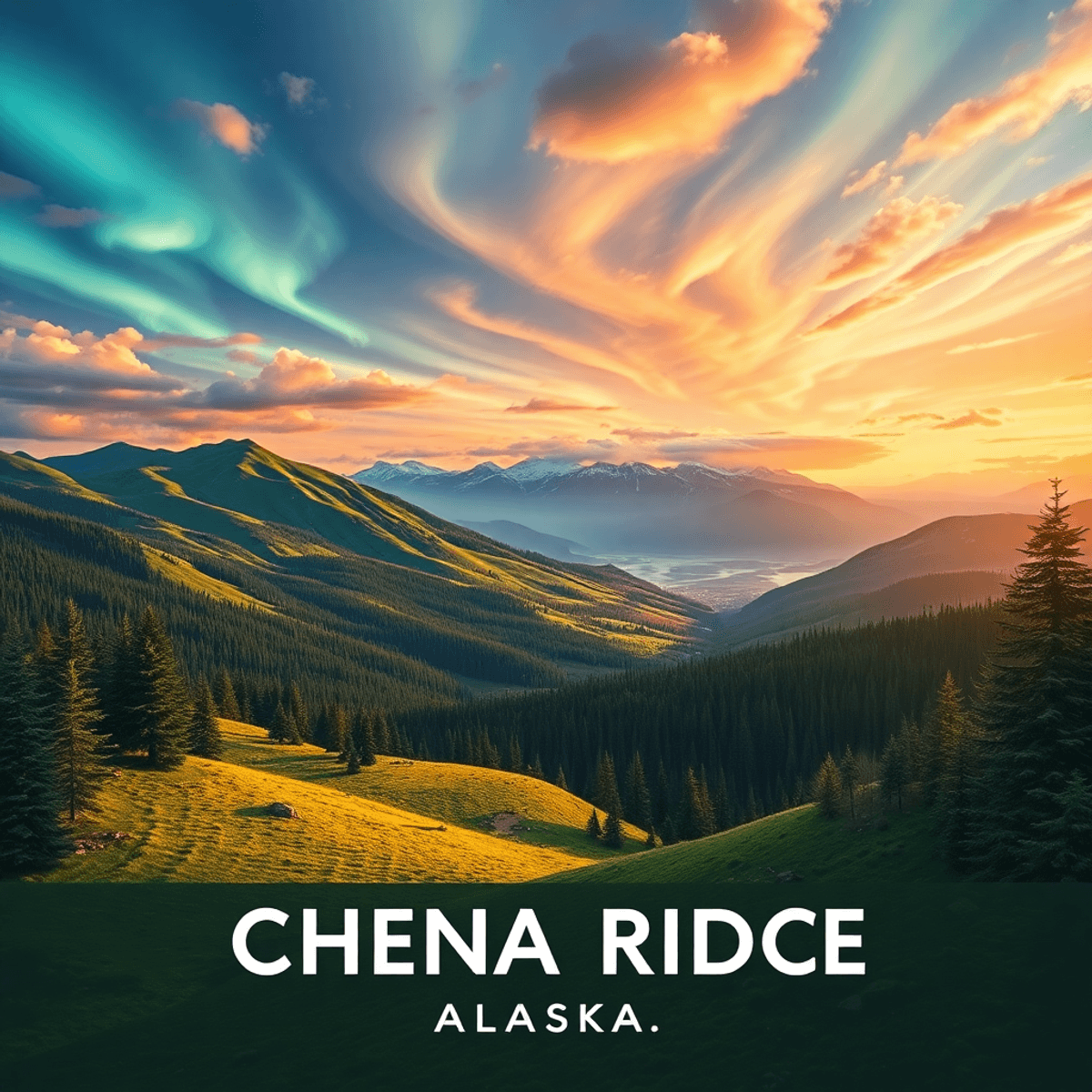 A stunning landscape of Chena Ridge, Alaska, showcasing lush green hills, dense spruce forests, and a vibrant sky, with hiking trails and dog sledd...