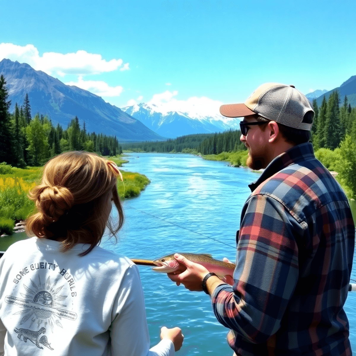A couple fishing by the Kenai River, surrounded by lush greenery and mountains, capturing the essence of outdoor adventures in Alaska.