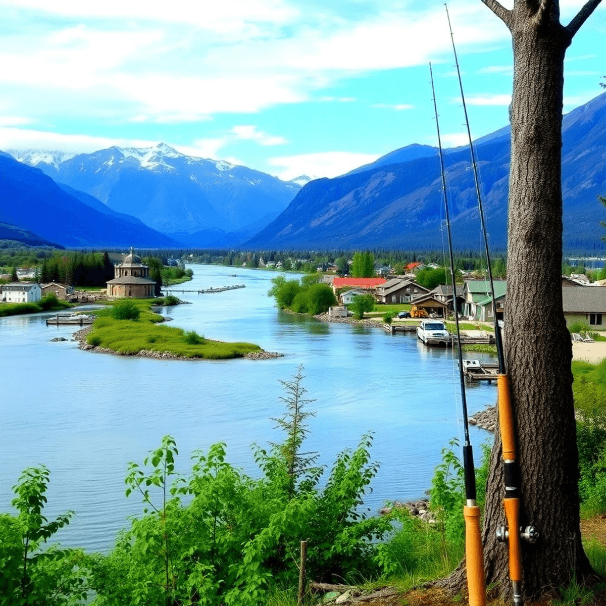 A scenic view of the Kenai River in Sterling, Alaska, framed by greenery and mountains, with fishing rods resting against a tree, evoking charm and...