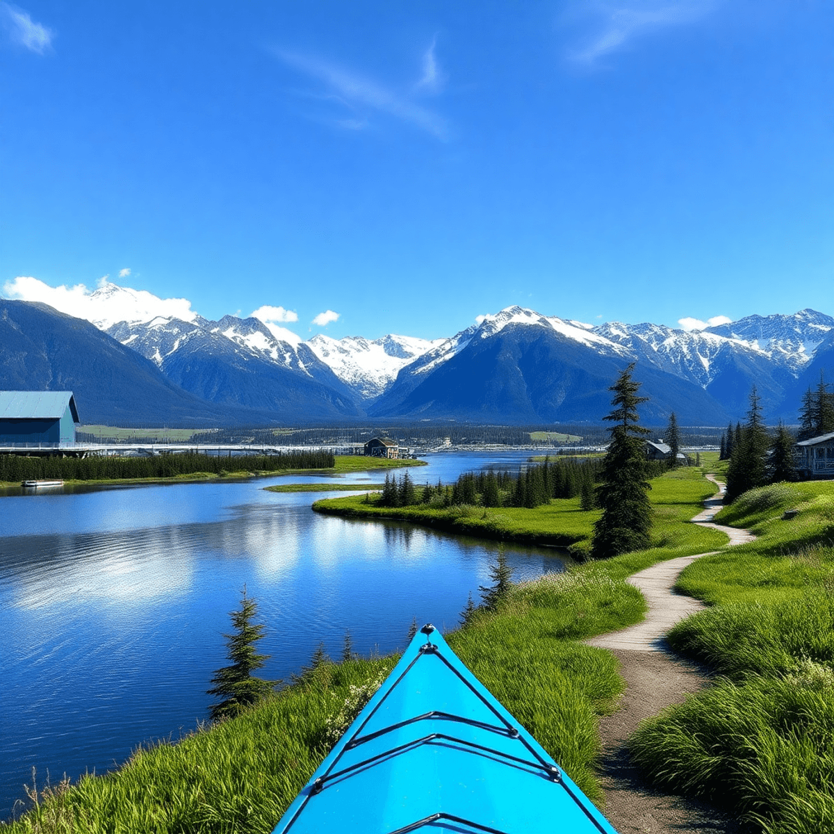 A scenic view of Wasilla, Alaska, featuring the Chugach Mountains, serene lakes, a kayak on the water, and a hiking trail, evoking adventure and ro...