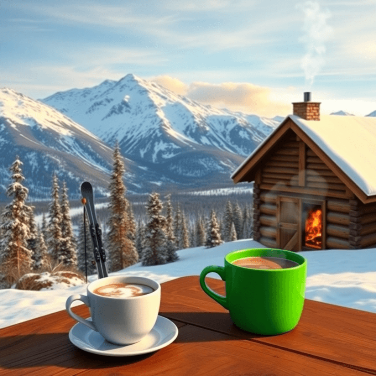A cozy cabin in the Alaskan wilderness, surrounded by snow-capped mountains, with skis nearby and a cup of hot chocolate on a table, evoking advent...