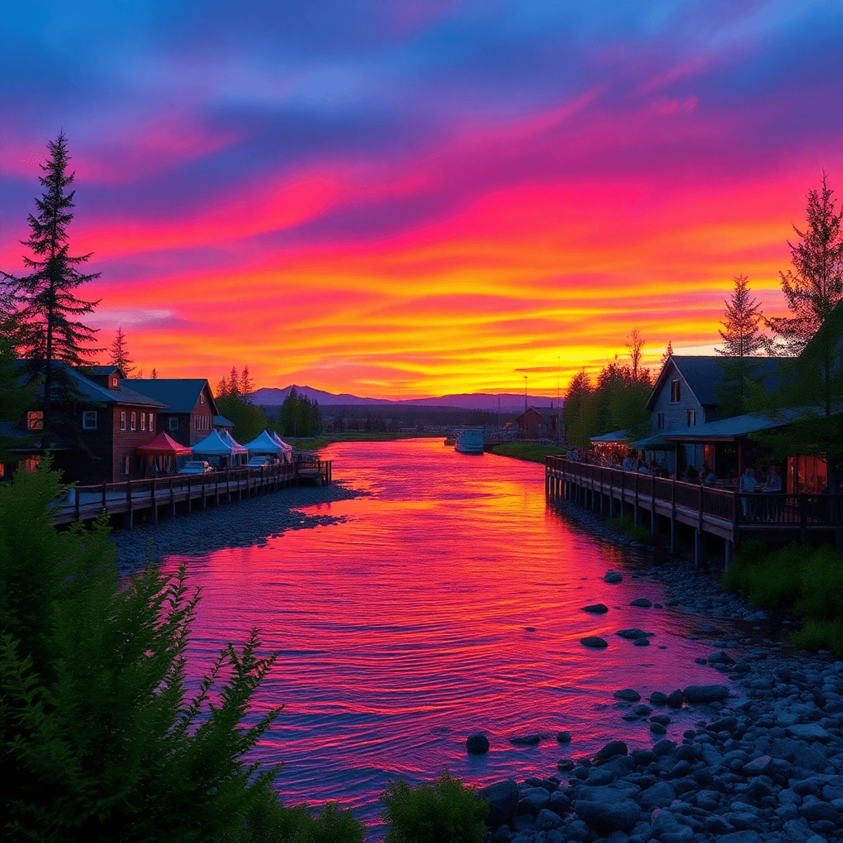 A picturesque sunset over the Chena River in Fairbanks, Alaska, with vibrant colors reflecting on the water, surrounded by lush greenery and distan...
