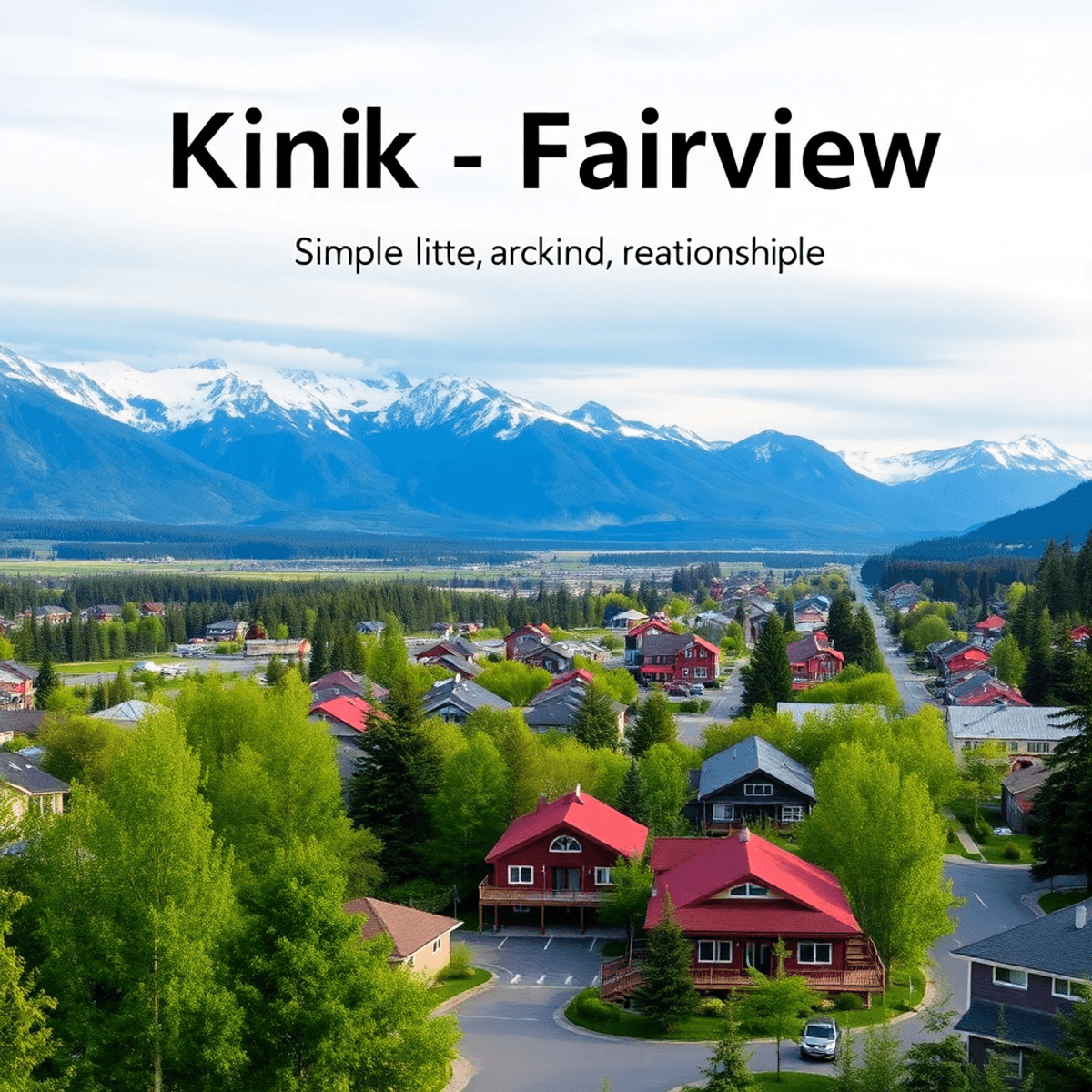 A vibrant scenic view of Knik-Fairview, Alaska, featuring majestic mountains, lush greenery, and elements of community life that evoke adventure an...