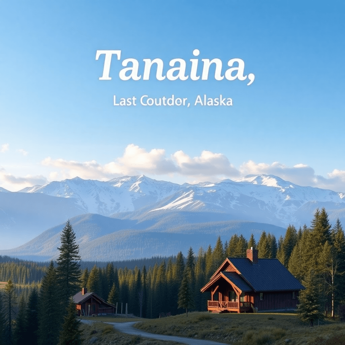 A scenic view of Tanaina, Alaska, showcasing mountains and forests with a cozy cabin and people enjoying the outdoors, creating an inviting and war...