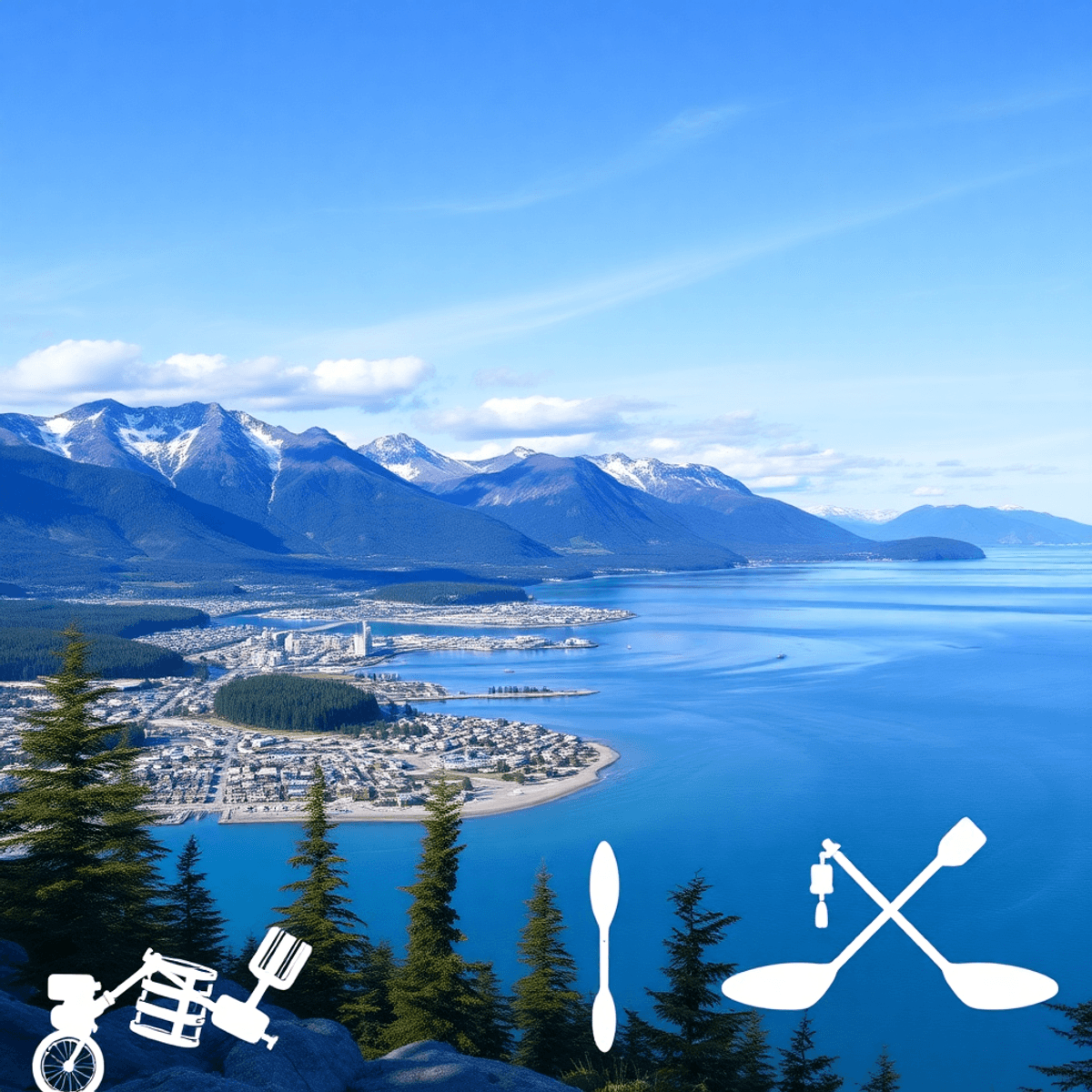 A scenic view of Juneau, Alaska, featuring majestic mountains and clear waters, with hiking gear and kayaks in the foreground, evoking adventure an...