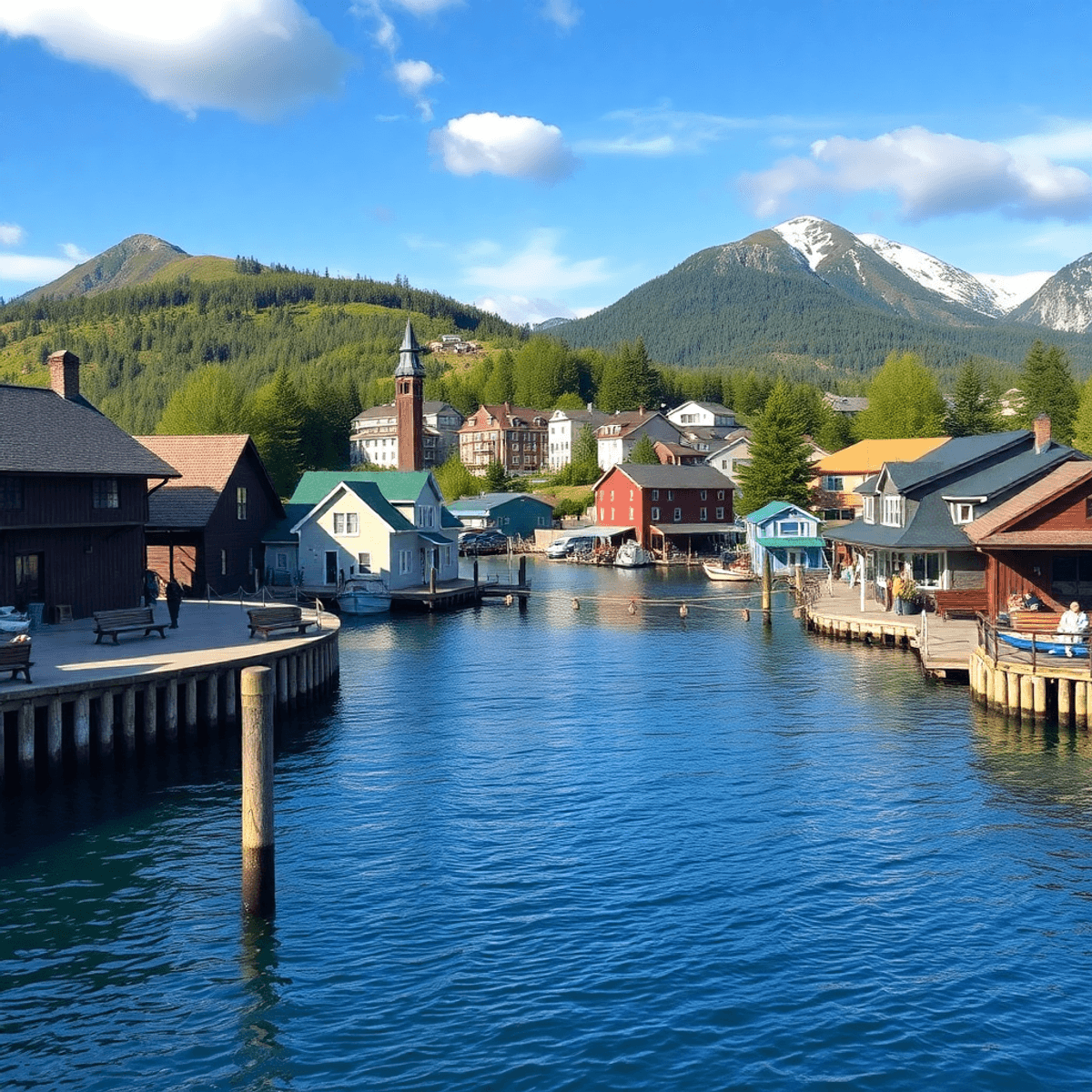 Scenic view of Ketchikan, Alaska featuring coastal beauty, traditional totem poles, and historical buildings along the waterfront amidst a vibrant ...