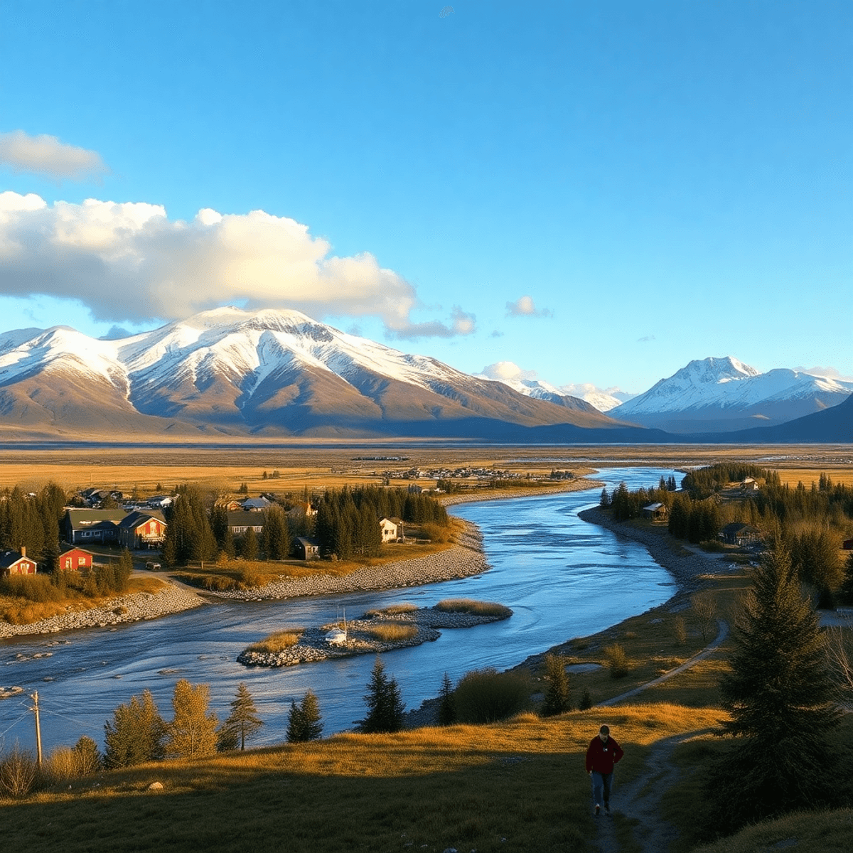 A picturesque landscape of Bethel, Alaska, featuring mountains and rivers, with a small group of people engaged in outdoor activities, highlighting...
