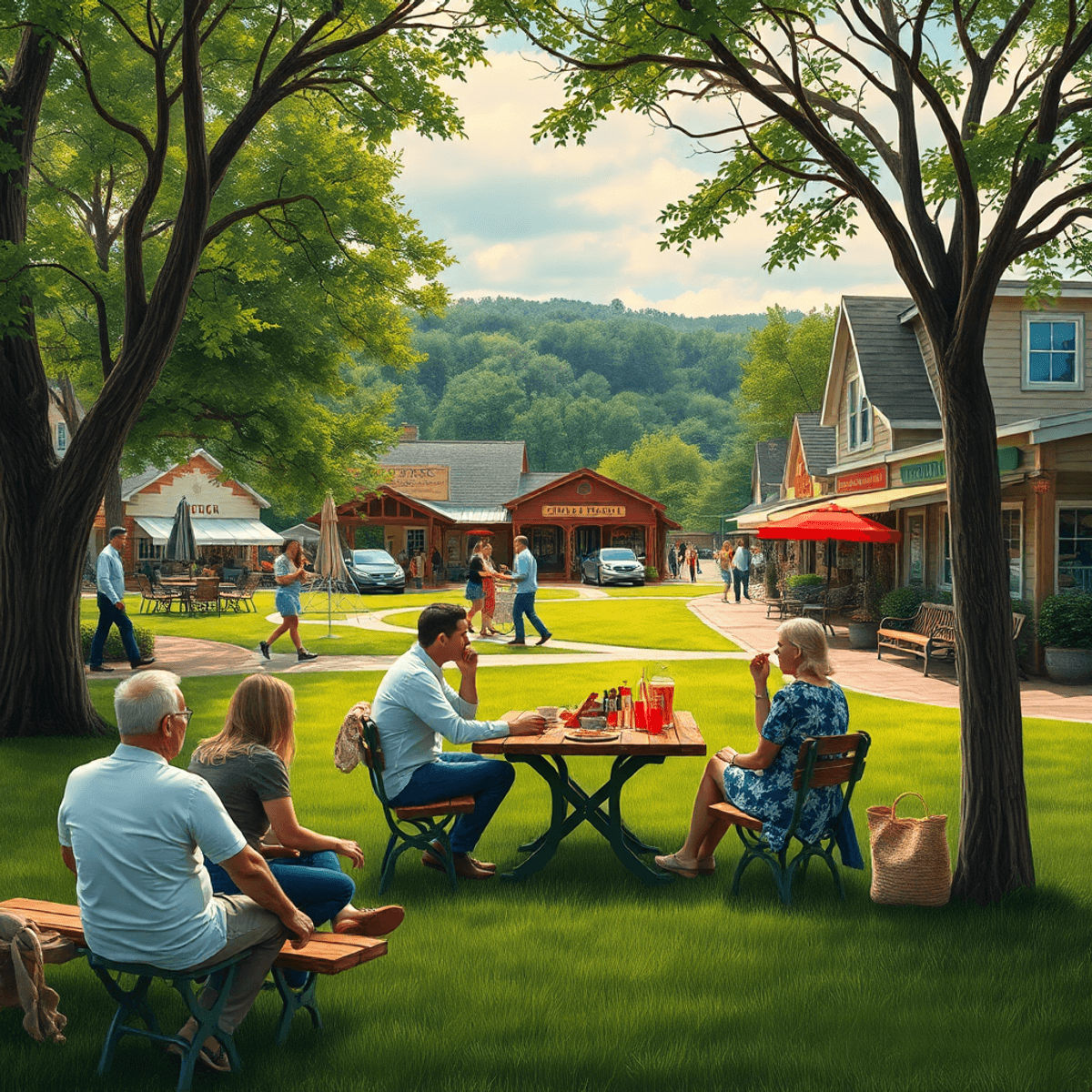 A cozy small town park in Hytop, Alabama, featuring couples picnicking, local events, and scenic nature views, capturing a warm community atmosphere.