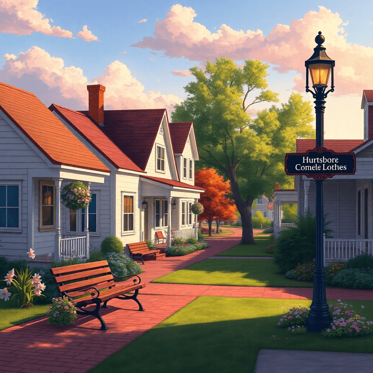 A cozy small-town street in Hurtsboro, Alabama, with charming houses, a park bench, blooming flowers, and a signpost for local events, evoking warm...