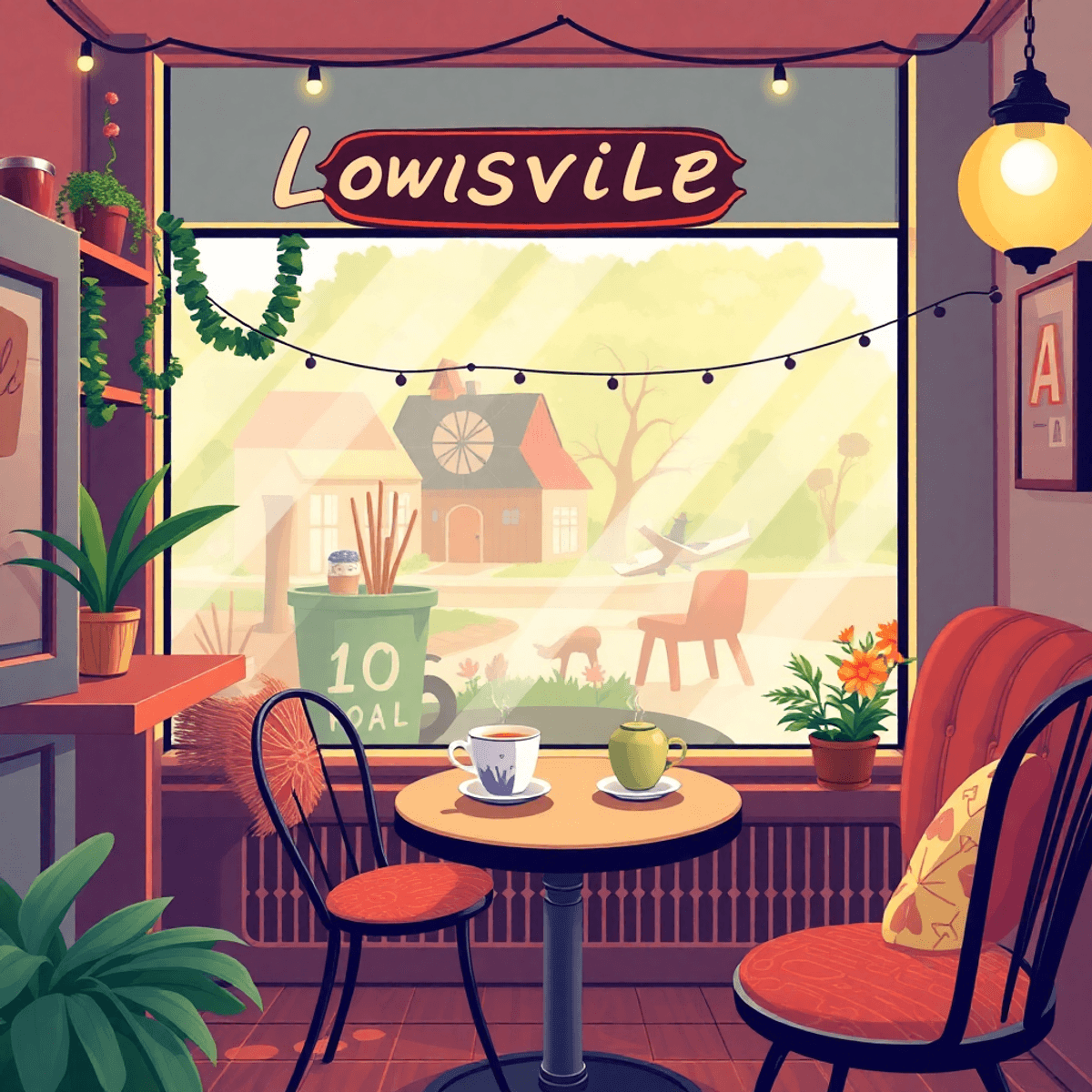 A cozy coffee shop in Louisville, Alabama, featuring a warm coffee cup on a small table for two, adorned with charming Southern decorations, creati...