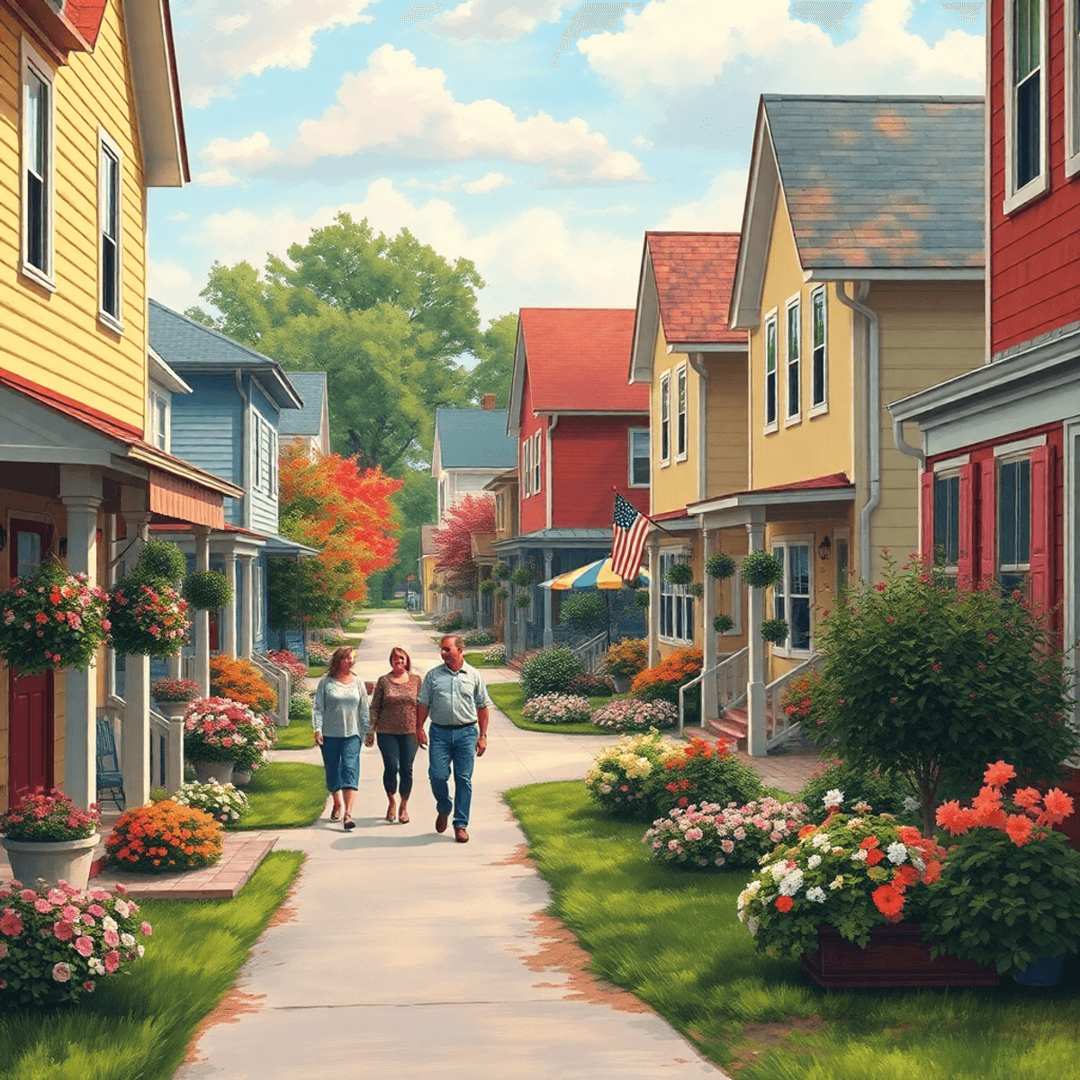 A charming small-town street in Berlin, Alabama, lined with colorful houses and blooming flowers, featuring a couple walking hand-in-hand amidst a ...