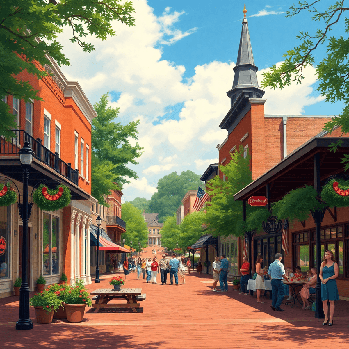 A vibrant small-town street in White Hall, Alabama, featuring historic buildings, a park with people enjoying a community event, and warm colors re...