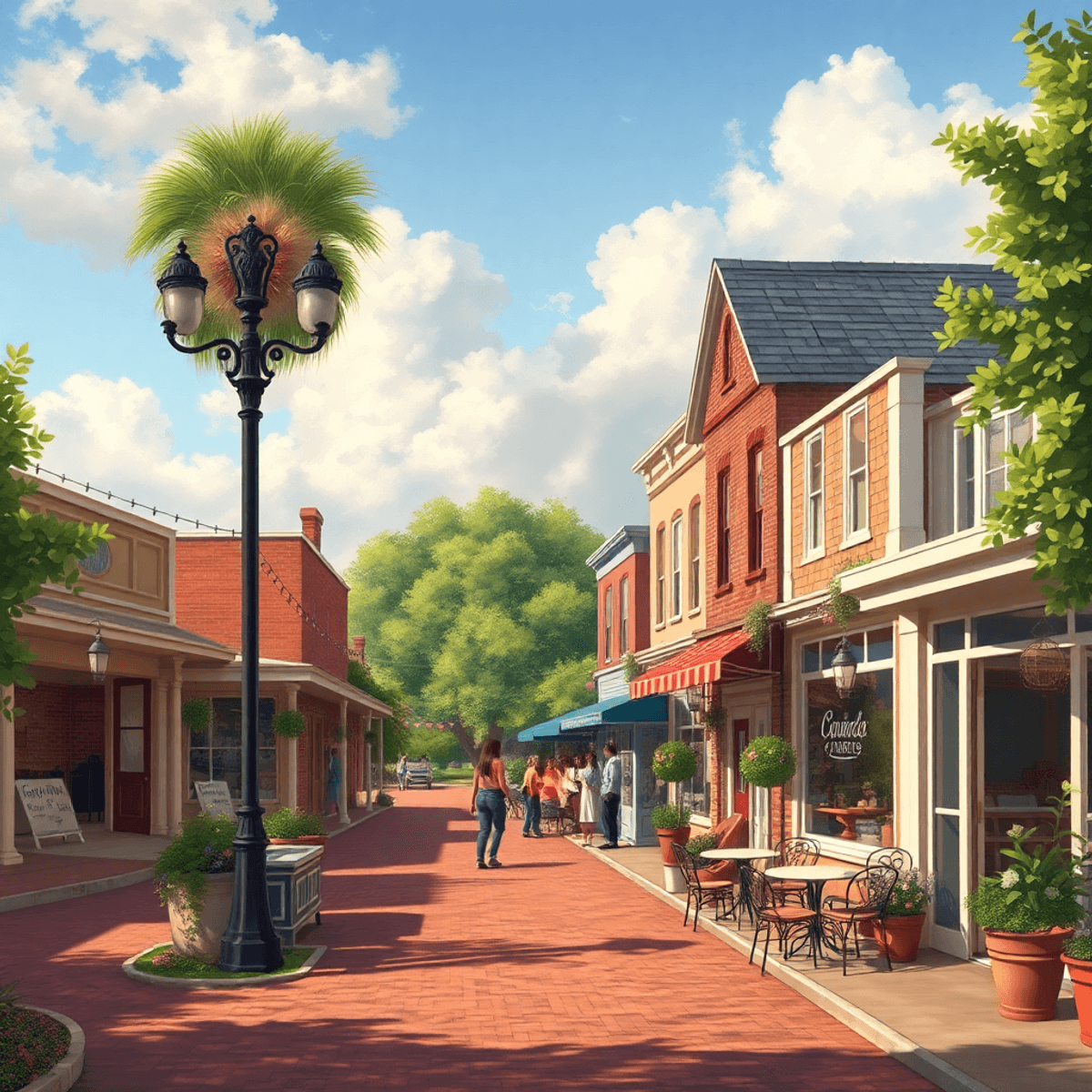 A charming small-town scene in Coosada, Alabama, showcasing local shops and cafes amidst lush greenery, evoking a warm, inviting atmosphere with hi...