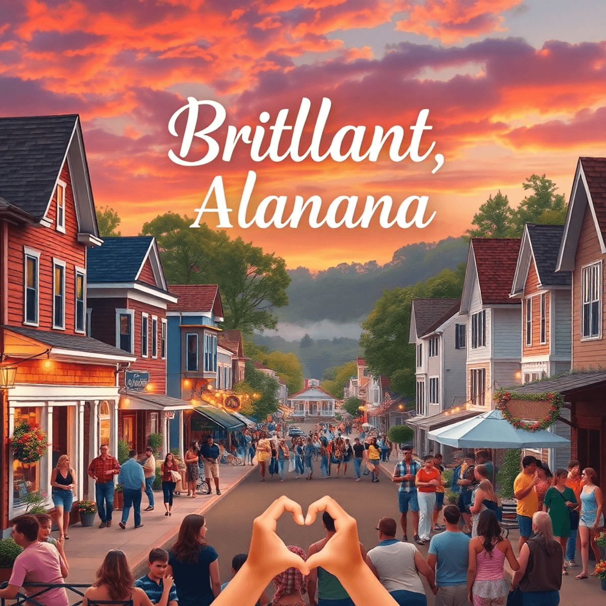 A charming small-town scene in Brilliant, Alabama, showcasing quaint houses and a vibrant community gathering, evoking warmth and connection.